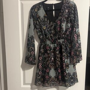I.N. San Francisco Floral Long Sleeve Dress - Black and Gray